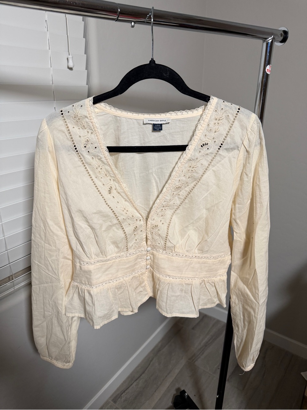 American Eagle Outfitters Cream Eyelet V-Neck Peplum Blouse